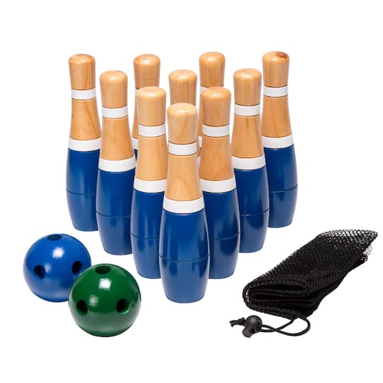 Toy Time Blue Indoor &#x26; Outdoor Wooden Bowling Game Set